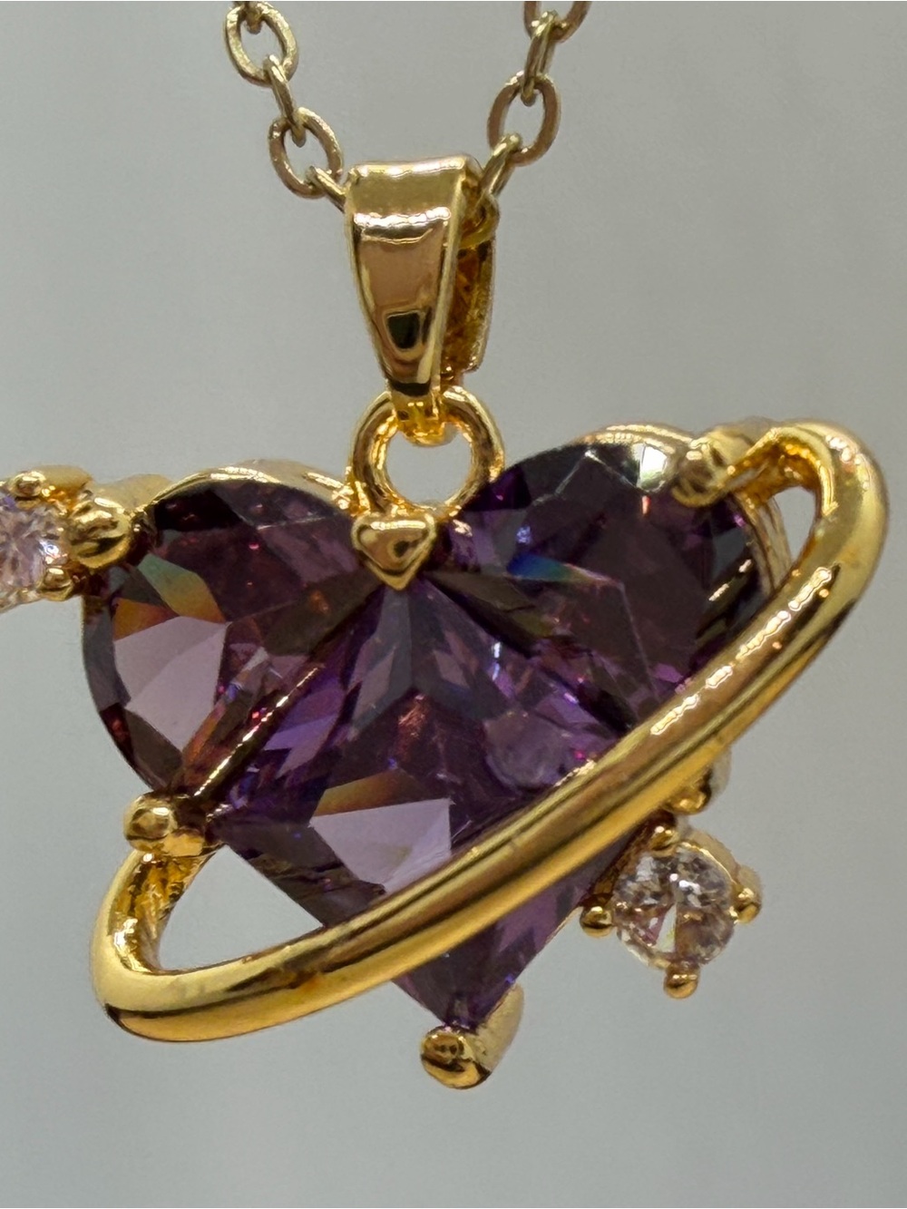 Gold-Plated Heart Pendant Necklace with Purple Crystal